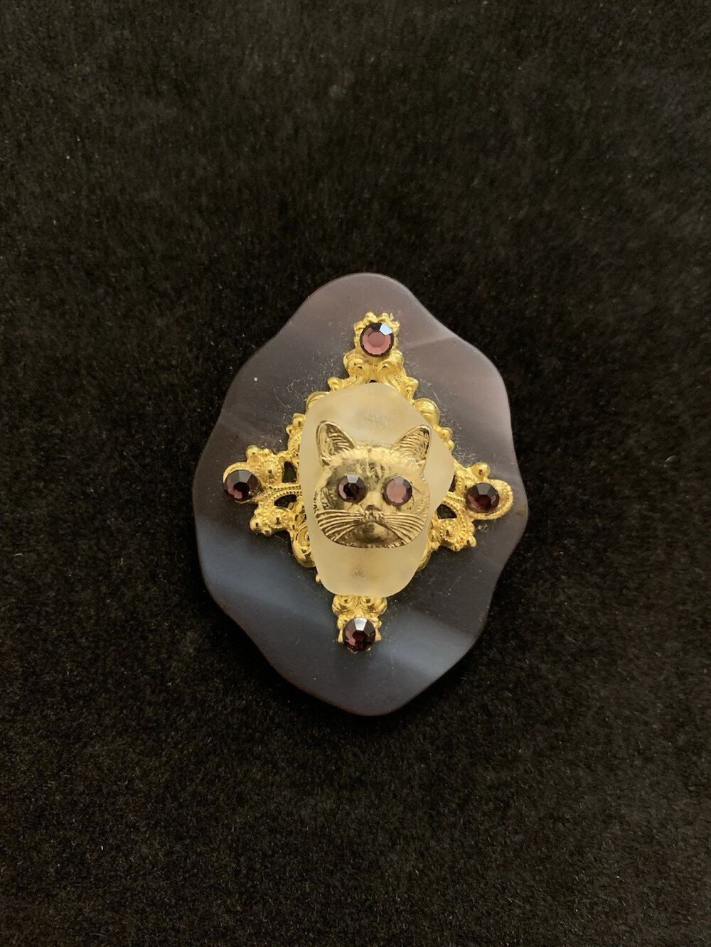 Large Purple, White, & Gold tone Modern Kitty Cat Crystal Stone Enamel Brooch